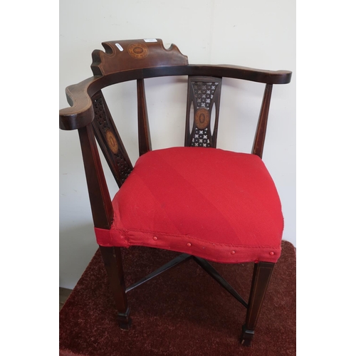 125 - Edwardian mahogany inlaid corned chair with X shaped under stretcher