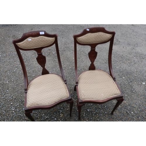 126 - Pair of Edwardian mahogany inlaid chairs with upholstered seats and backs