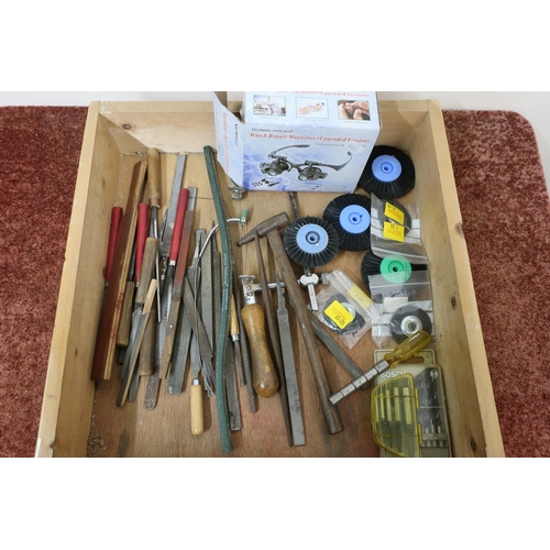 150 - Watch repair magnifier, selection of files, brushes, drill bits etc in one box