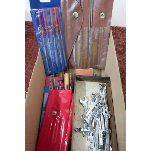 168 - Small B.A. open ended and ring spanners, small size, and a selection of needles files and brushes