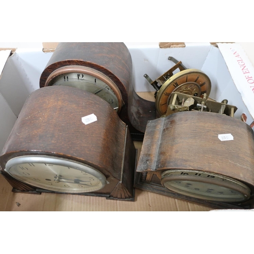 174 - Oak cased chiming mantel clock, a Westminster chiming mantel clock movement etc in one box