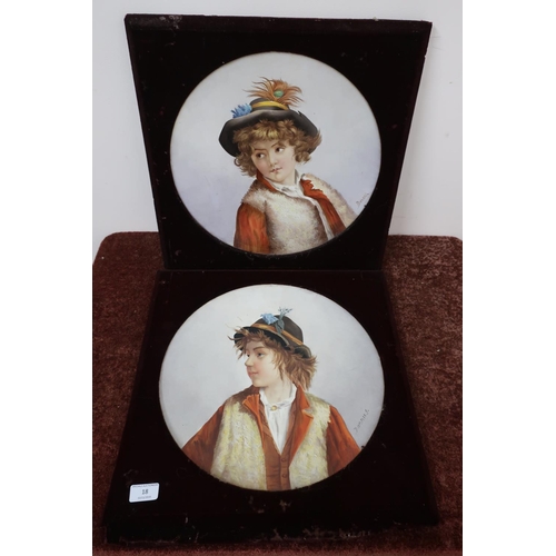 18 - Pair of framed/mounted circular porcelain plaques depicting portrait of a young boy in Austrian styl... 