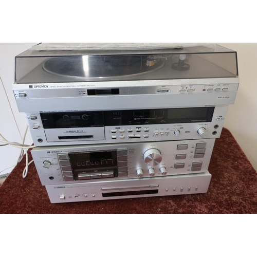 187 - Omptonica Amplifier, cassette deck and direct drive turntable, a Yamaha CD-S300 CD player, a pair of... 