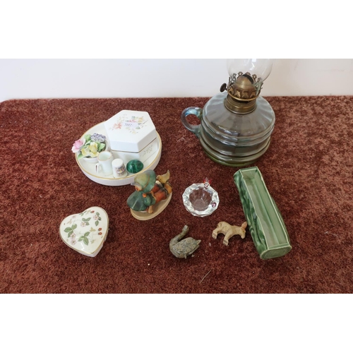 191 - Early 20th C oil lamp with moulded glass reservoir, a Royal Doulton 'Mystic Dawn' hexagonal lidded t... 