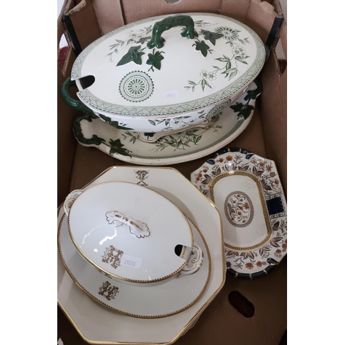 199 - Late 19th C print-ware lidded soup tureen and stand, and a selection of monogrammed tableware