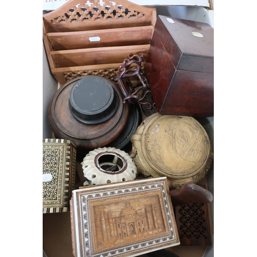 201 - Carved Eastern hardwood trinket box, a similar trinket box set with Mother of Pearl and a selection ... 