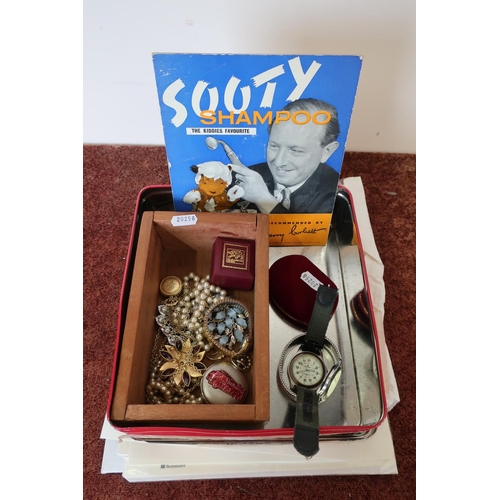 215 - 1950's Sooty shampoo shop display board, small selection of costume jewellery, and three autographed... 