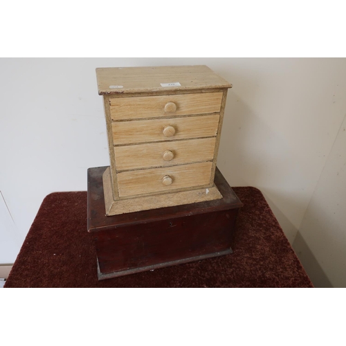 219 - Miniature stained engraved pine chest of four drawers and an early 20th C mahogany box