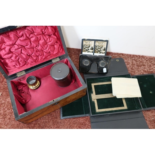 22 - 19th C rosewood box with hinged top, a circular box, a magnifying telescopic type lens, a folding vi... 