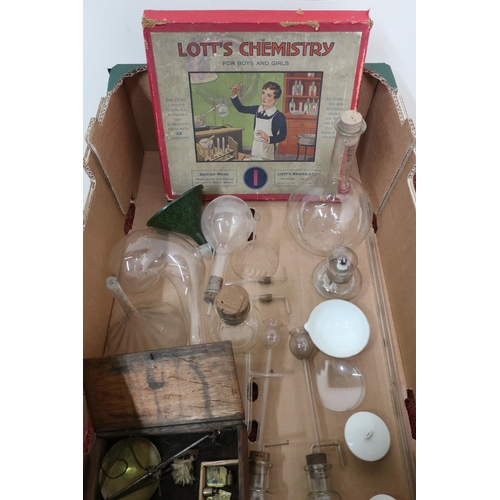 230 - Glass chemistry equipment including flat bottom flasks, a spirit burner and 'Lott's chemistry for bo... 