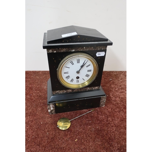 232 - Victorian slate and marble mantel timepiece with white enamel dial