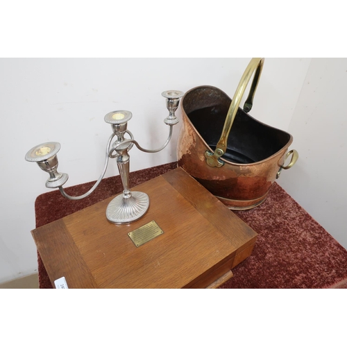 240 - Late 19th C copper and brass coal helmet, 1940's oak canteen and a silver plated neoclassical design... 
