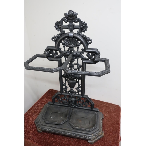 275 - Victorian style heavy and ornate cast metal two sectional stick stand with lift out drainage trays (... 