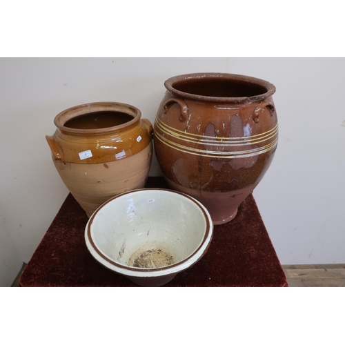 3 - Large Earthenware twin handled panion, a bread panion bowl and another similar (approx 50cm high) (3... 