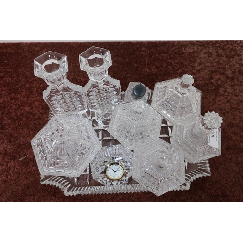 308 - Cut glass dressing table tray and selection of various glass dressing table jars, candlesticks etc