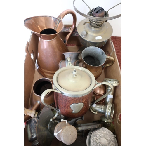 310 - Oak and silver plated biscuit barrel and selection of various brass and copper ware, kitchen items i... 