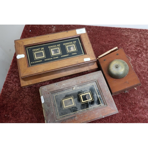 317 - Mahogany cased three sectional servants bell with glazed panel marked M B Harrison Waterloo House Gr... 