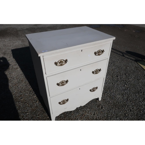 341 - Early to mid 20th C white painted chest of three drawers (74cm x 51cm x 88cm)