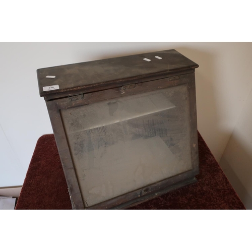 346 - Early 20th C mahogany shop counter top display cabinet with lift up sloped glazed front (48cm x 31cm... 