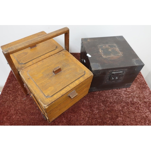 347 - Concertina sewing box and oak sewing box with strap work detail containing a leather bound storage b... 