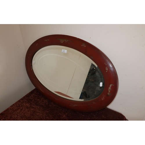 37 - Early 20th C oval bevelled edge wall mirror with oriental lacquered Chinoiserie style frame (82cm x ... 