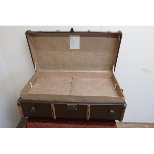 38 - Wooden slatted flat top travelling trunk