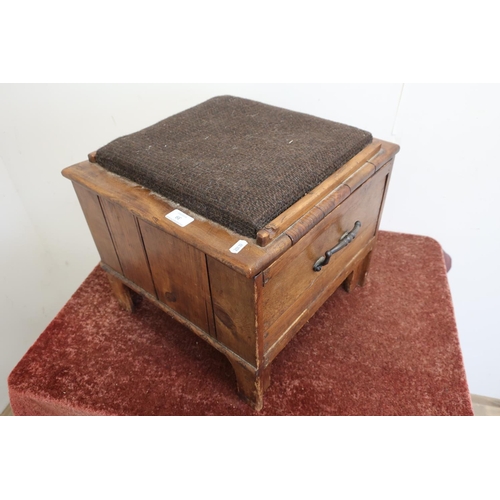 39 - 19th/20th C combination stained pine shoe shine type box with hinged lift up padded seat, with fitte... 