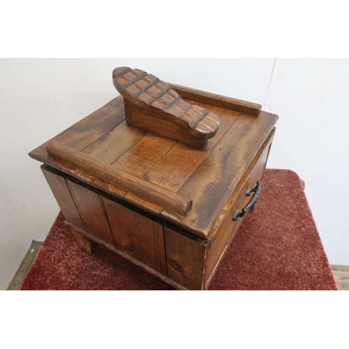 39 - 19th/20th C combination stained pine shoe shine type box with hinged lift up padded seat, with fitte... 