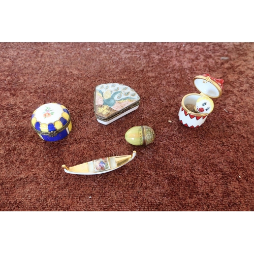 396 - Halcyon Days enamel acorn, three enamel trinket pots and a Limoges gondola