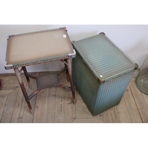 441 - Lloyd Loom style two tier rectangular occasional table and similar green painted rectangular laundry... 