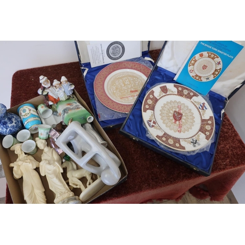 444 - Various decorative ceramics, scent bottle, a carved soapstone figure and two boxed Spode commemorati... 