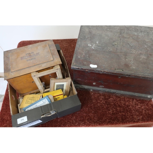 446 - Mahogany Film Kodak Tank, a selection of various Kodak films, ephemera etc and a 19th C mahogany box... 