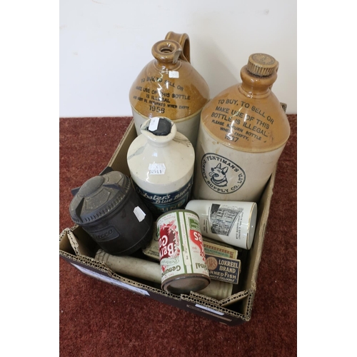 447 - Bakelite tobacco box, three stoneware flagons including Fentimans Bottles Durham