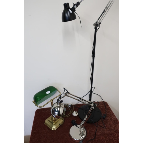 450 - Brass and green glass shaded desk lamp, another desk spot lamp and a floor standing lamp (3)