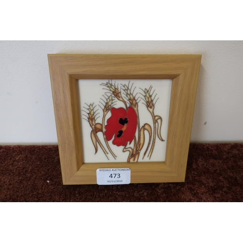 473 - Framed and mounted Moorcroft poppy pattern ceramic tile (14cm x 14cm including framed)