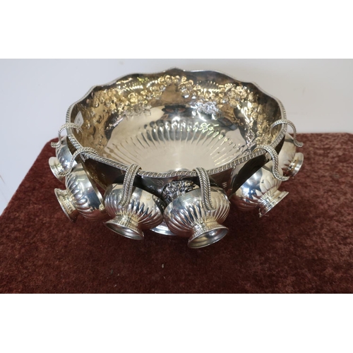 474 - Large silver plated punch bowl and a set of six cups