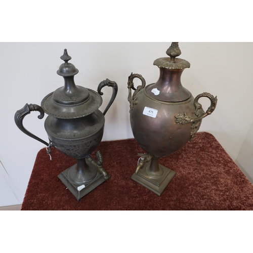 475 - Late Victorian copper Samovar with twin handles and lift up lid and stepped square base, and another... 