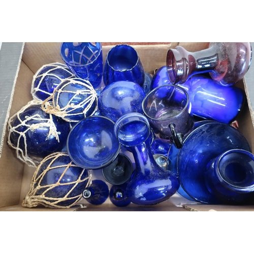 48 - Box containing a large quantity of blue glass including Victorian and later, fishing plates etc