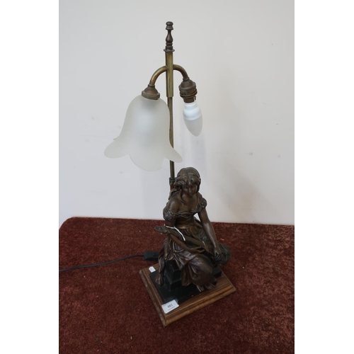 481 - Twin branch table lamp with a Spelter figure of a young seated girl with musical instrument (60cm hi... 