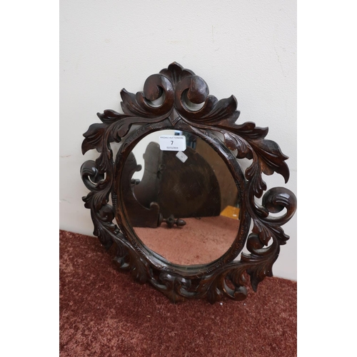 7 - Small oval wall mirror with carved wood frame (34cm x 41cm)