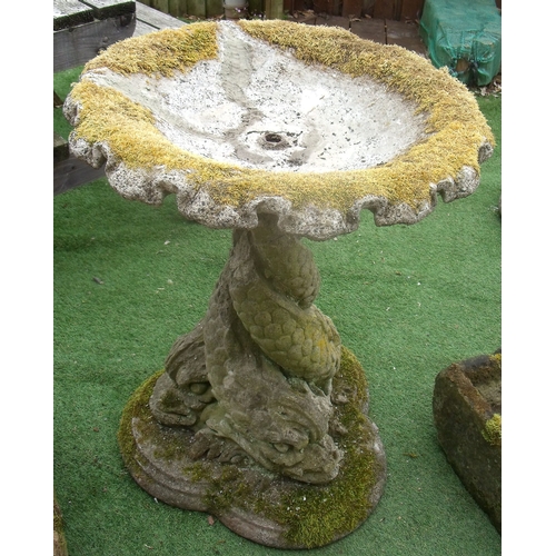 487 - Composite stone entwined triple dolphin pedestal garden fountain (bowl restored) (height 84cm)
