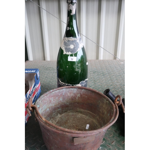 12 - Unusual Italian copper cooking pot and a large (empty) Champagne bottle
