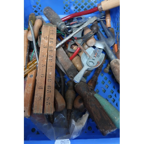 18 - Box containing a quantity of tools including screwdrivers, wooden measures etc
