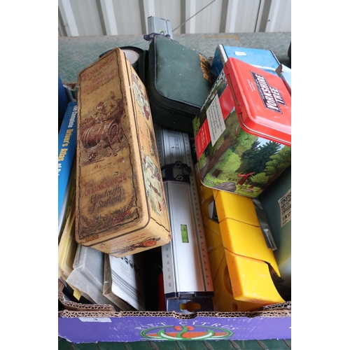 3 - Box containing various items including tins, a set of bowls, Complete Road Atlas etc