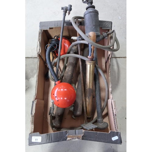 61 - Box containing one vintage styrup pump, a brass pesticide sprayer, lamp, window sashes etc