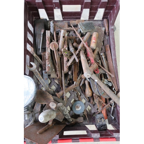 73 - Large quantity of tools of various types including hammers, G-clamps, hand axes, sharpening stones, ... 