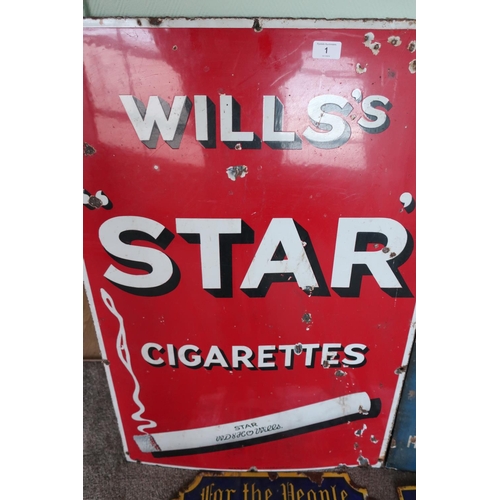 1 - Vintage enamel advertising sign for Wills's Star Cigarettes (61cm x 91cm)