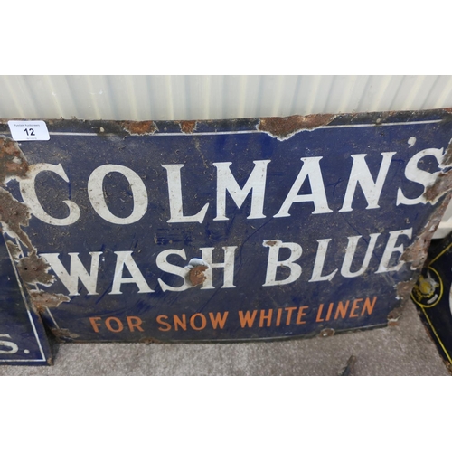 12 - Vintage enamel advertising sign for Colman's Wash Blue For Snow White Linen (61cm x 40.5cm)