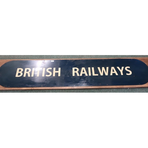 156 - Large enamel sign mounted on wooden plinth with enamel transfer painted British Railways detail (boa... 
