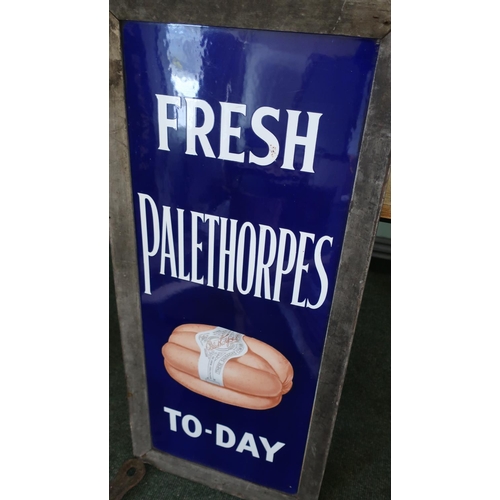 157 - Vintage enamel advertising sign for Fresh Pale Thorpes Sausages To-Day, in original frame (44.5m x 9... 